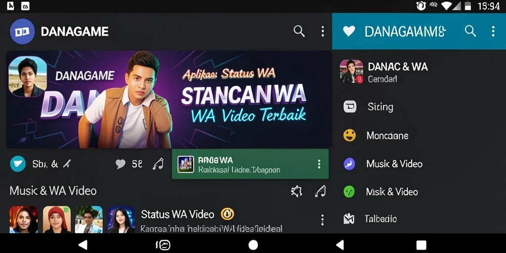 Antarmuka utama DANAGAME menampilkan berbagai pilihan video Status WA.