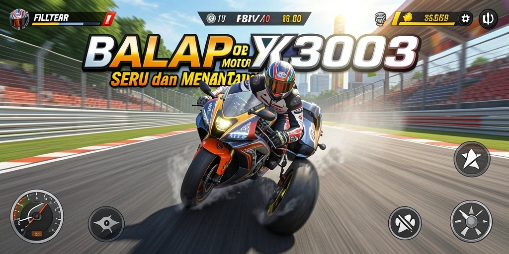 Antarmuka FILTER303 menampilkan aksi balap motor yang mendebarkan.
